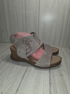 Bionica Wedge Leather Taupe Comfort Slingback Sandals Gray Metallic Size 11M